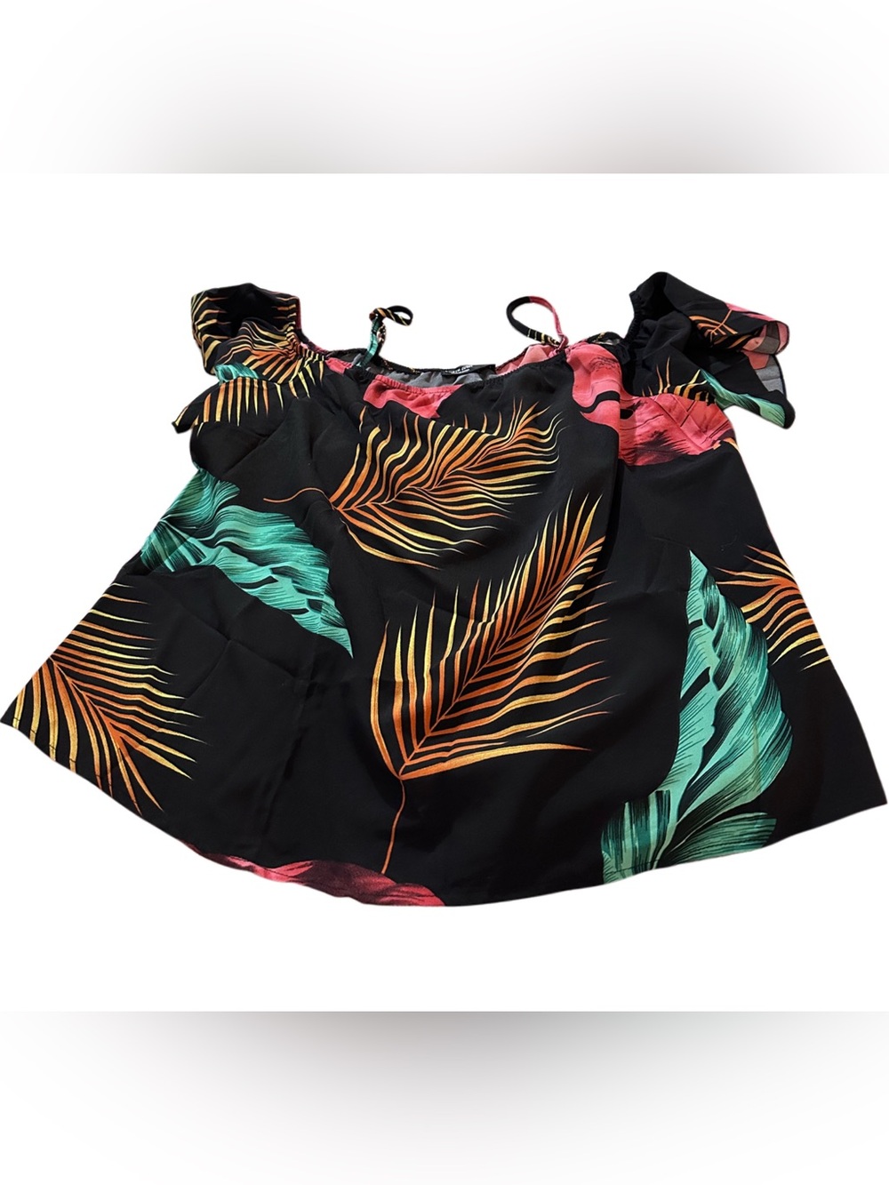 SHEIN Curve 1XL Tropical Palm Print Off-the-Shoulder Blouse Black Multicolor